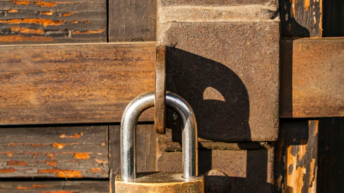A brass padlock hangs closed through the hasp of a weathered wooden door. — a The Obsidian Key guide to After the Seven Days: Allocation for Committed Readers.