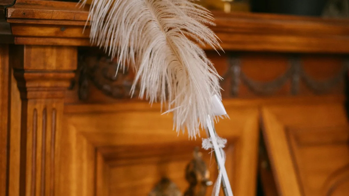 A white feather quill rests against a carved wooden cabinet beside a brass candlestick. — a The Obsidian Key guide to Assumption vs Affirmation: What Lucian Vael Teaches.