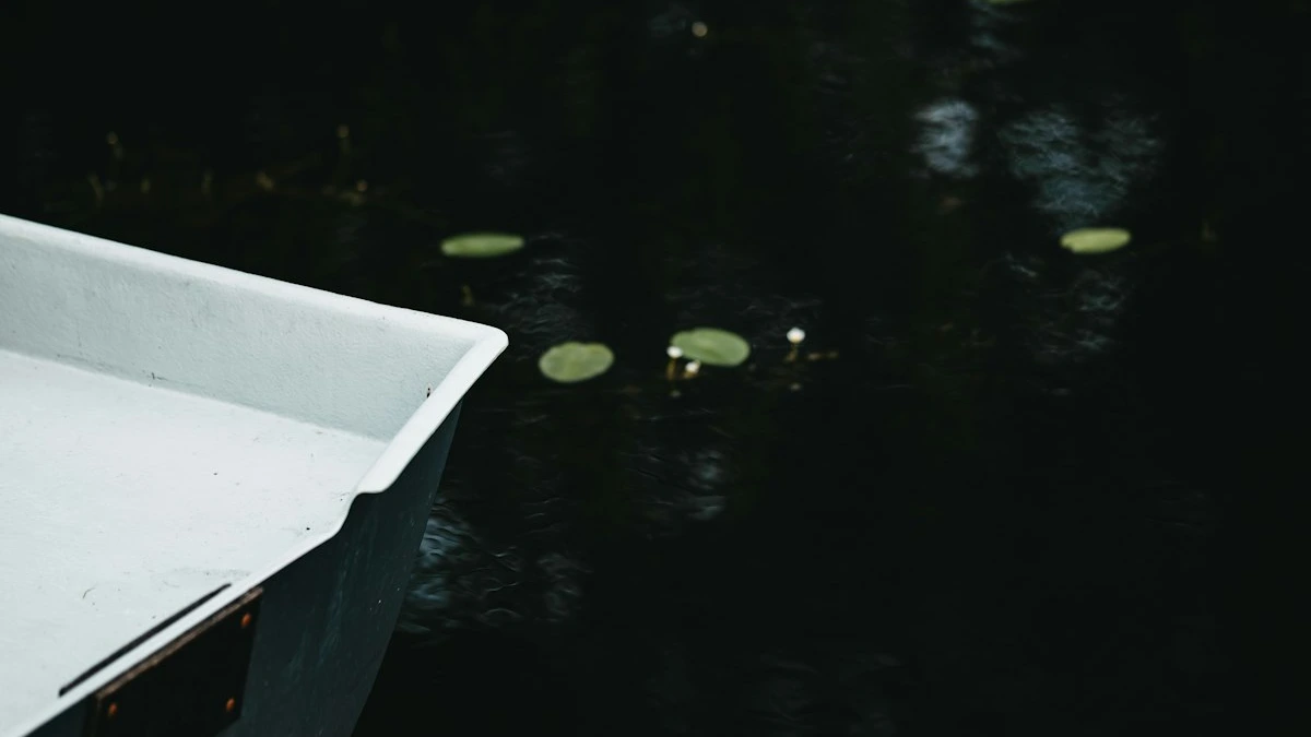 White boat resting on dark still water dotted with lily pads. — a The Obsidian Key guide to Calm Is Not Numbness: Reading the Settled Receiver.