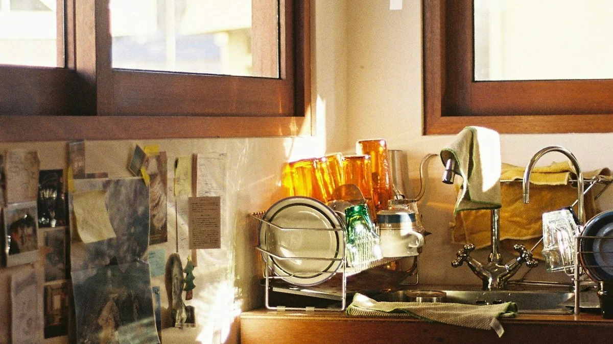 A warm kitchen corner with a dish rack, amber glasses, and golden sunlight after a meal. — a The Obsidian Key guide to Cleanse a Room After Conflict: The Rite.