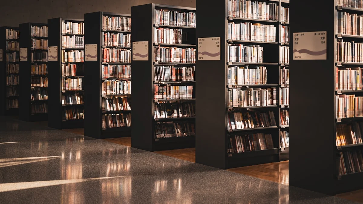 Rows of tall dark bookshelves stand in warm light inside a quiet library. — a The Obsidian Key guide to Custodians and the Order: The Difference.