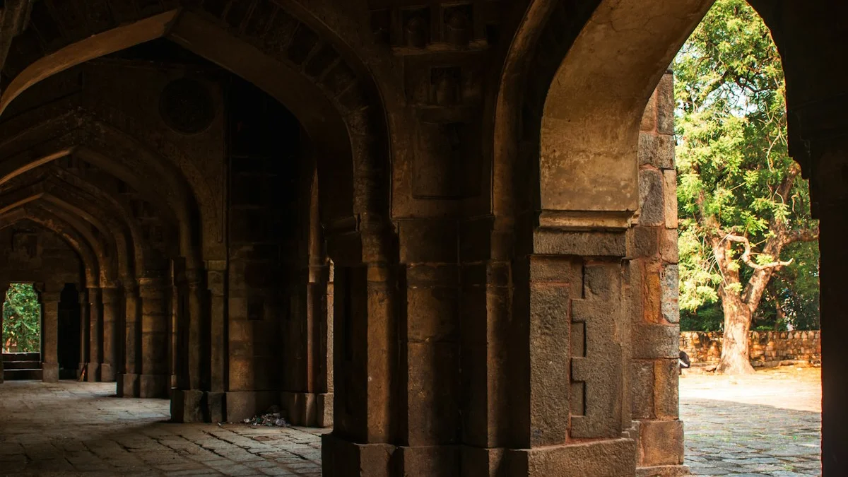 An ancient stone hallway of arches opening to warm morning light and a green tree beyond. — a The Obsidian Key guide to After Day 90: Living With the Protocol for Life.