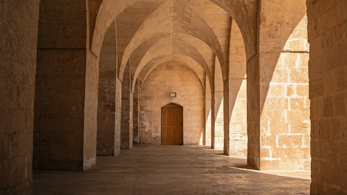 A warm stone corridor of arches leading to a small wooden door at the far end. — a The Obsidian Key guide to The Daily Ritual Sequence: Why the Four Steps Stay in Order.