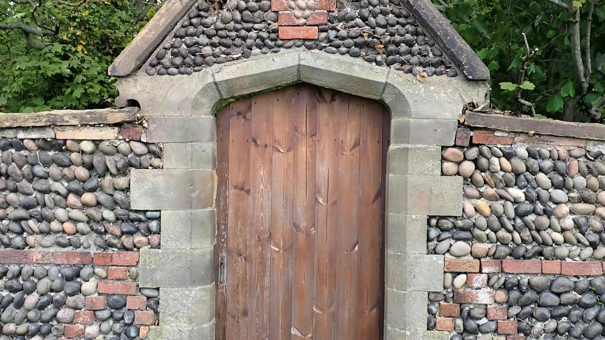 An old wooden door set in a stone and cobble wall beneath a small brick gable. — a The Obsidian Key guide to Day 30: How to Judge the Work Honestly.
