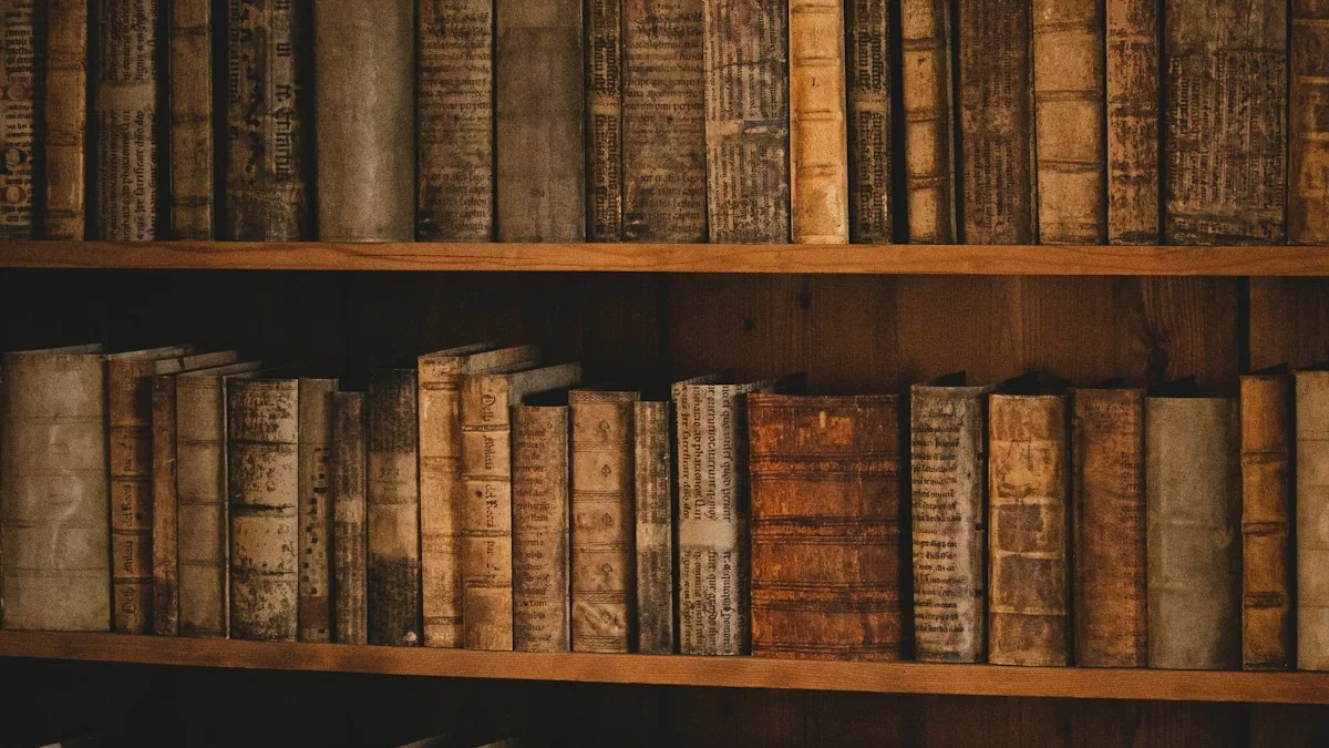 Two dark wooden shelves crowded with worn antique vellum books in warm light. — a The Obsidian Key guide to Does the Obsidian Key Teach Manifestation.