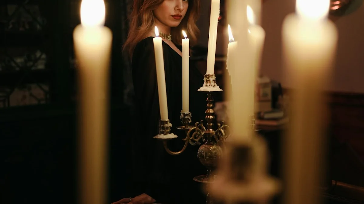 Lit ivory candles burn on an antique brass candelabra in a warm, darkened room. — a The Obsidian Key guide to An Evening Ritual Book for the Last Hour of the Day.