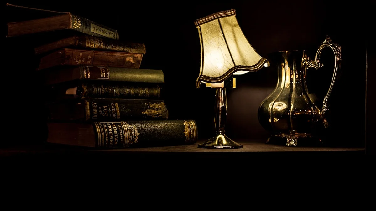 Stacked old hardbound books beside a glowing lamp on a dark reading table. — a The Obsidian Key guide to A Field Manual for the Chronically Exhausted.