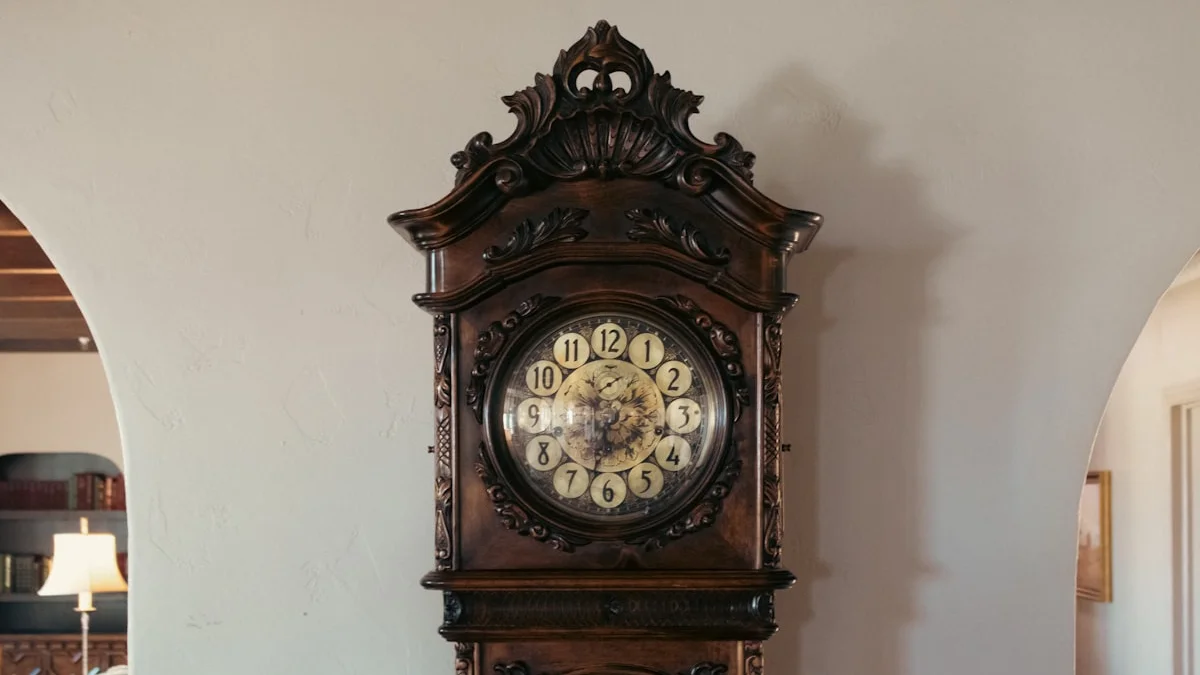 An ornately carved wooden grandfather clock stands between two arched doorways on a cream wall. — a The Obsidian Key guide to The Fixed Hour: Practice at the Same Address.