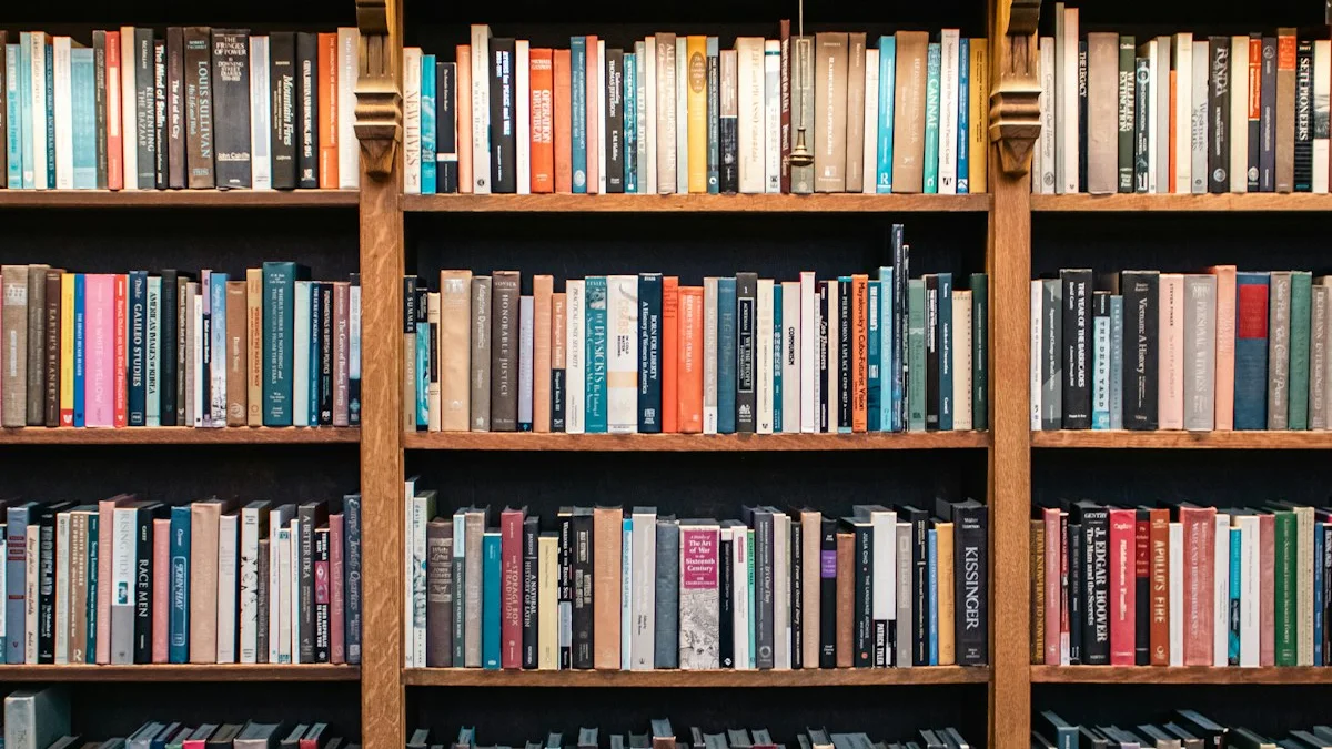 Rows of book spines packed into a carved wooden bookcase. — a The Obsidian Key guide to Manifestation Books That Go Beyond Affirmations.