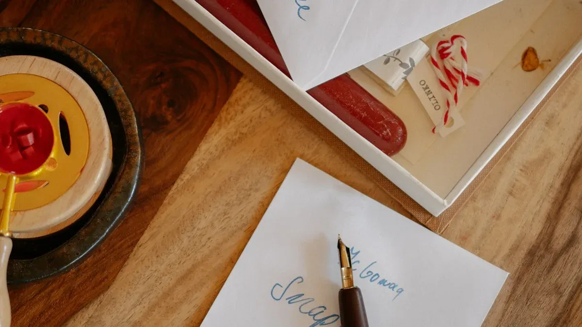 A calligraphy pen on a handwritten note beside red wax seals and envelopes on a wooden desk. — a The Obsidian Key guide to This Day Is Mine: the Morning Seal Statement.