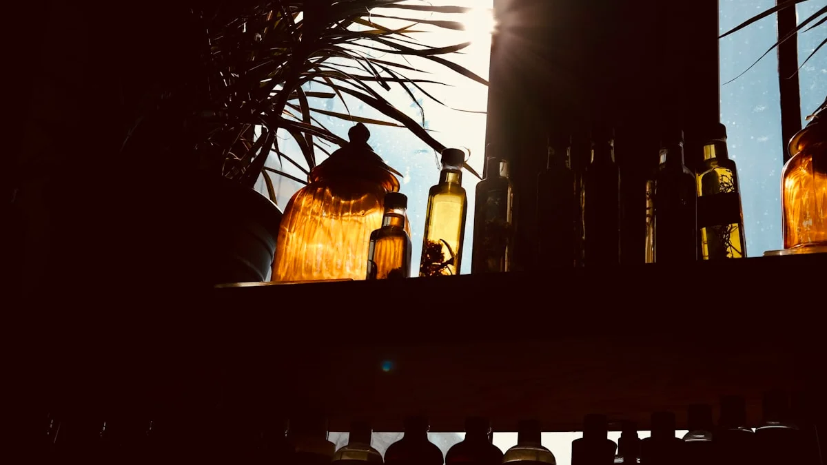 First sunlight streams through a window onto amber jars and dark leaves. — a The Obsidian Key guide to Morning Stillness: Why the Seat Comes Before the Day.