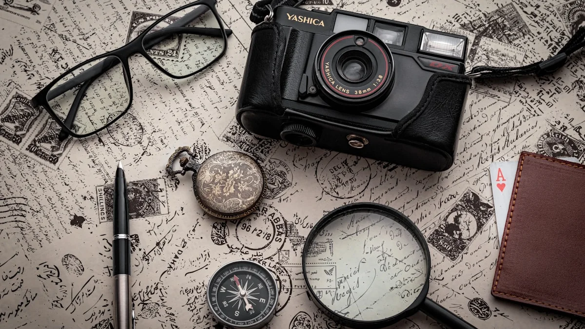 A magnifying glass, pocket watch, compass, and pen lie across an engraved script flat lay. — a The Obsidian Key guide to Nine Laws Self-Check: Which Law Is Quietly Broken.