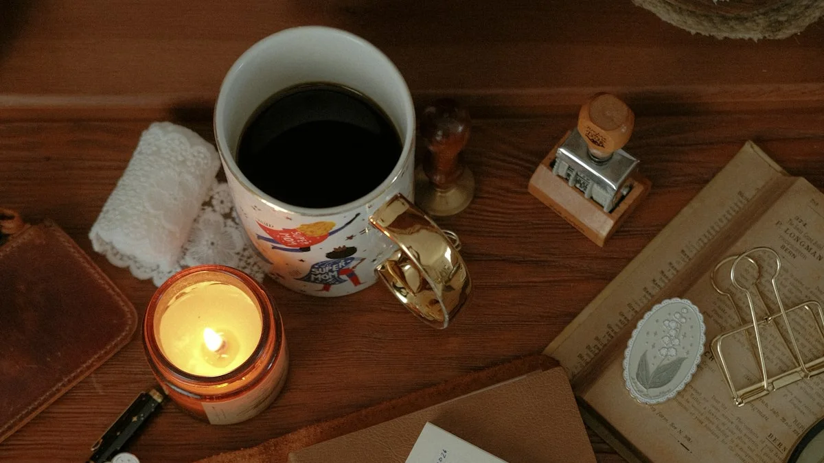A candlelit wooden desk with coffee, an old book and writing stamps. — a The Obsidian Key guide to The Obsidian Key Book Review: A Grounded Read.