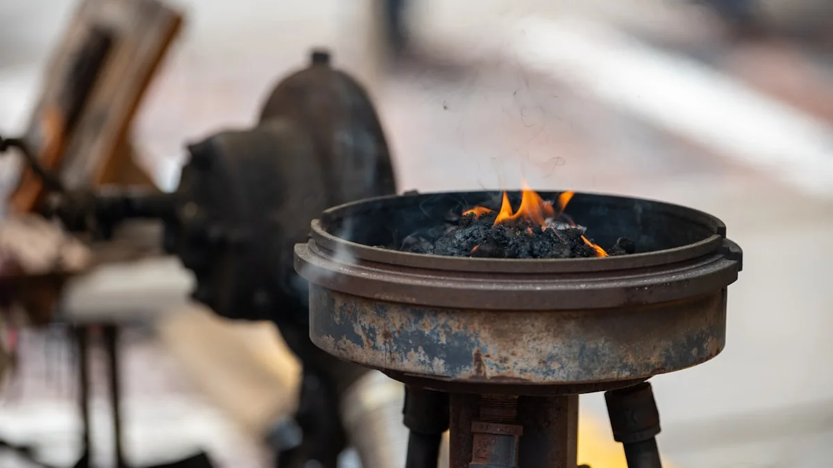 A small fire of glowing coals burns in a rusty iron forge brazier in a workshop. — a The Obsidian Key guide to Outrage: The Costliest Leak Per Minute.