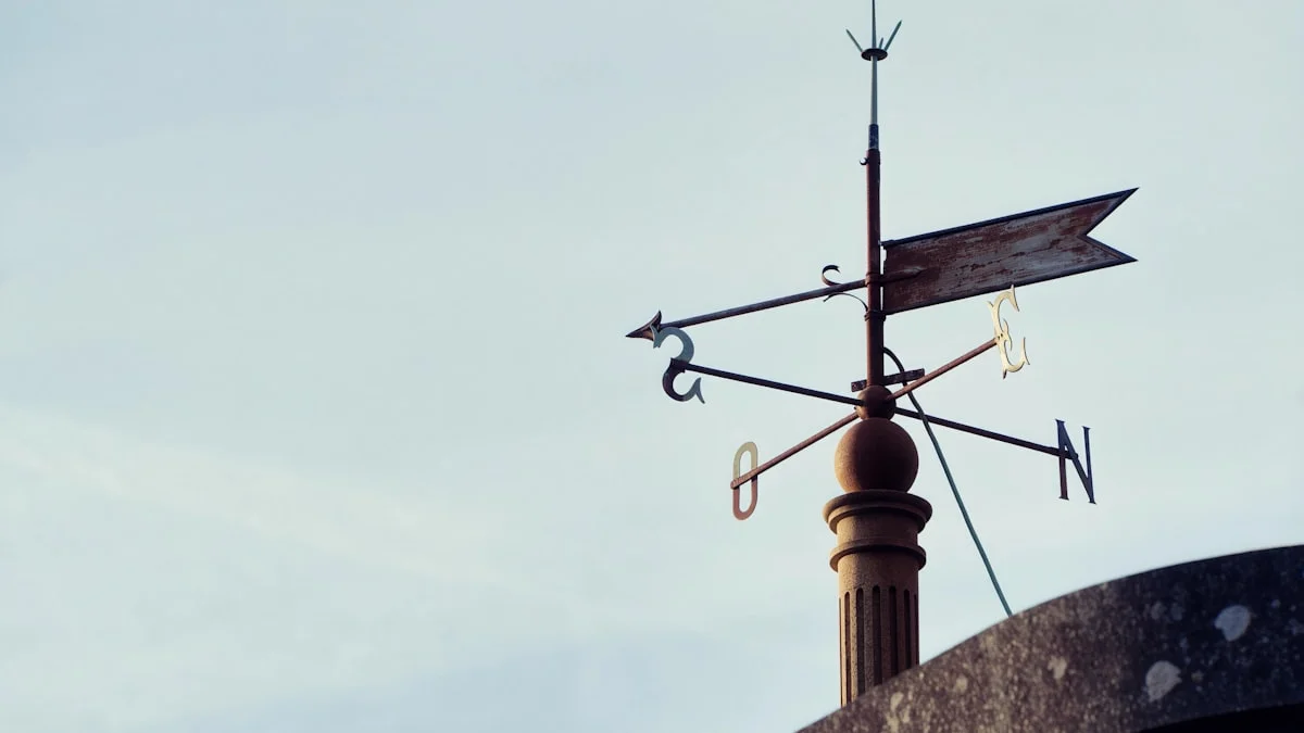 A weathered weathervane with rusted directional letters points across a pale overcast sky. — a The Obsidian Key guide to Small Matches and Signs: Read Them Without Delusion.
