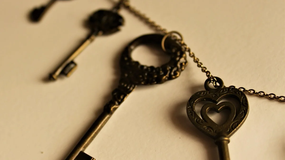 A large ornate key hangs on a chain among smaller brass keys on cream paper. — a The Obsidian Key guide to The Rule of One: One State Until It Hardens.