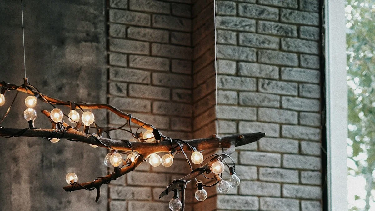 A branch-shaped chandelier with small glowing bulbs hangs against a whitewashed brick wall above a quiet corner with deep green blankets. — a The Obsidian Key guide to The Sealed Tongue: Report Nothing Until Day 90.