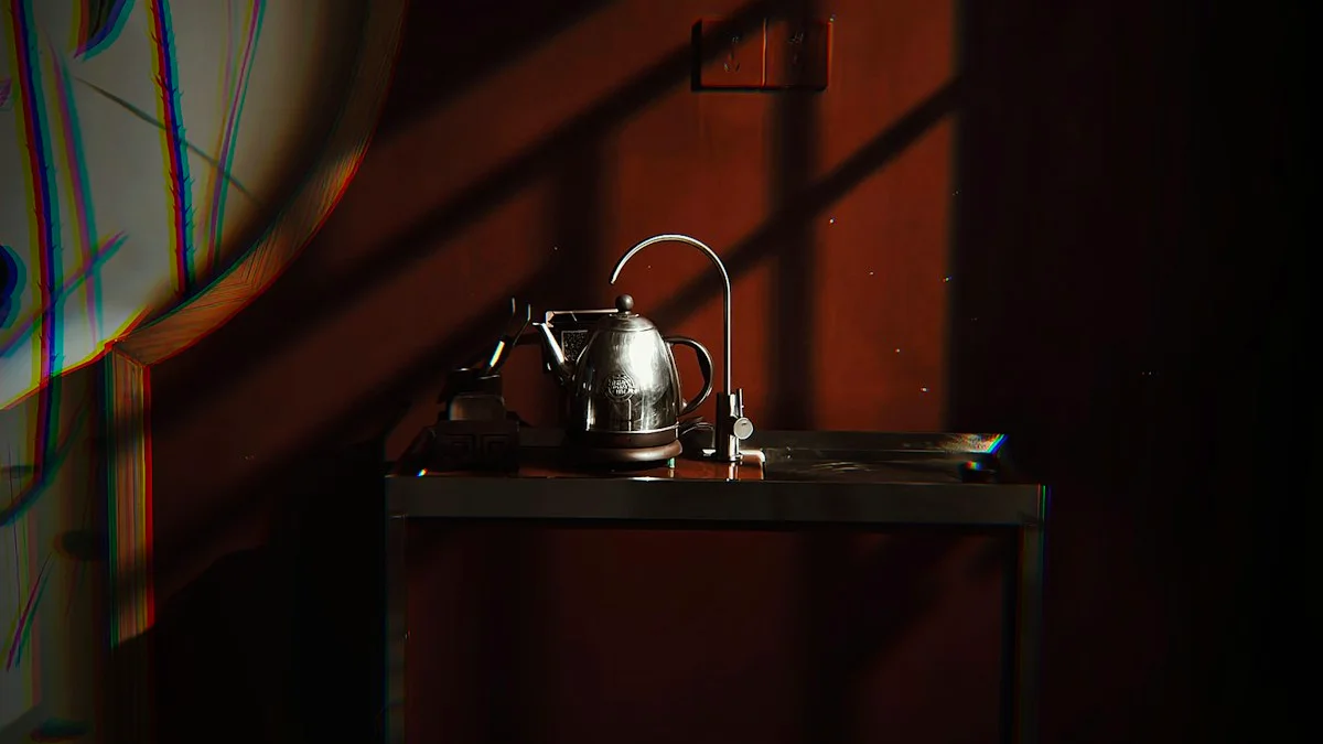 A silver kettle on a dark countertop in warm morning light. — a The Obsidian Key guide to The Still Seat: Seven Minutes Before the World Wakes.