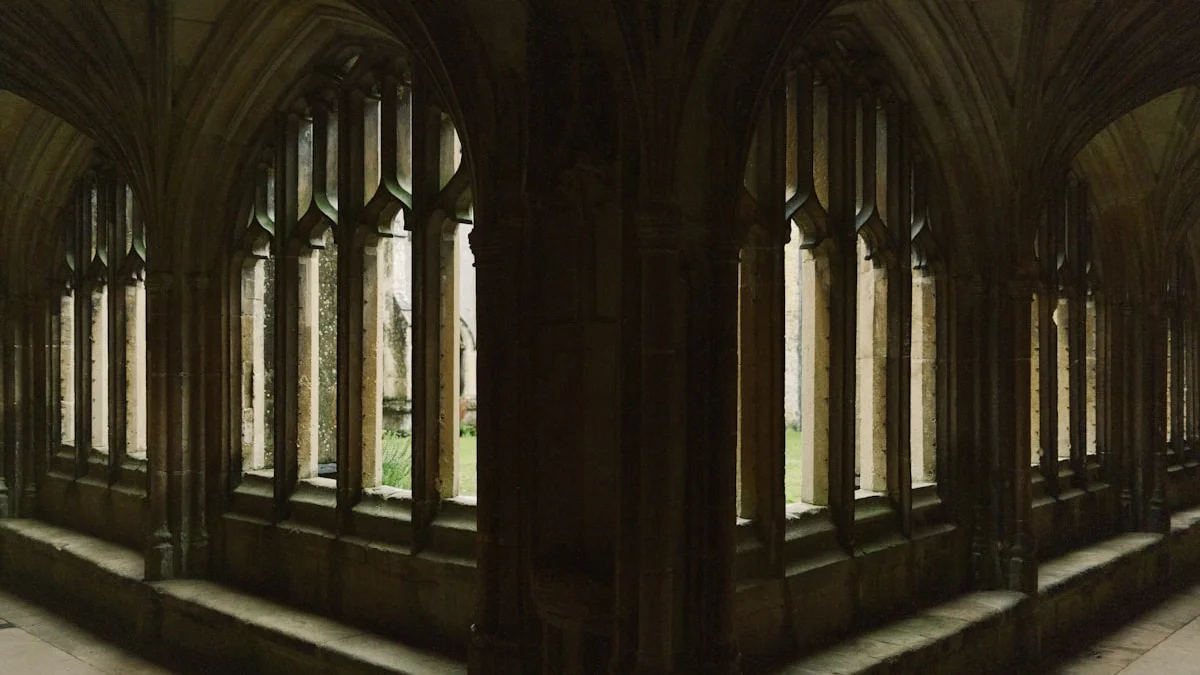 A dark gothic cloister hallway opens through arched windows onto lit stone. — a The Obsidian Key guide to The Law of the Match: Why the Field Never Argues.