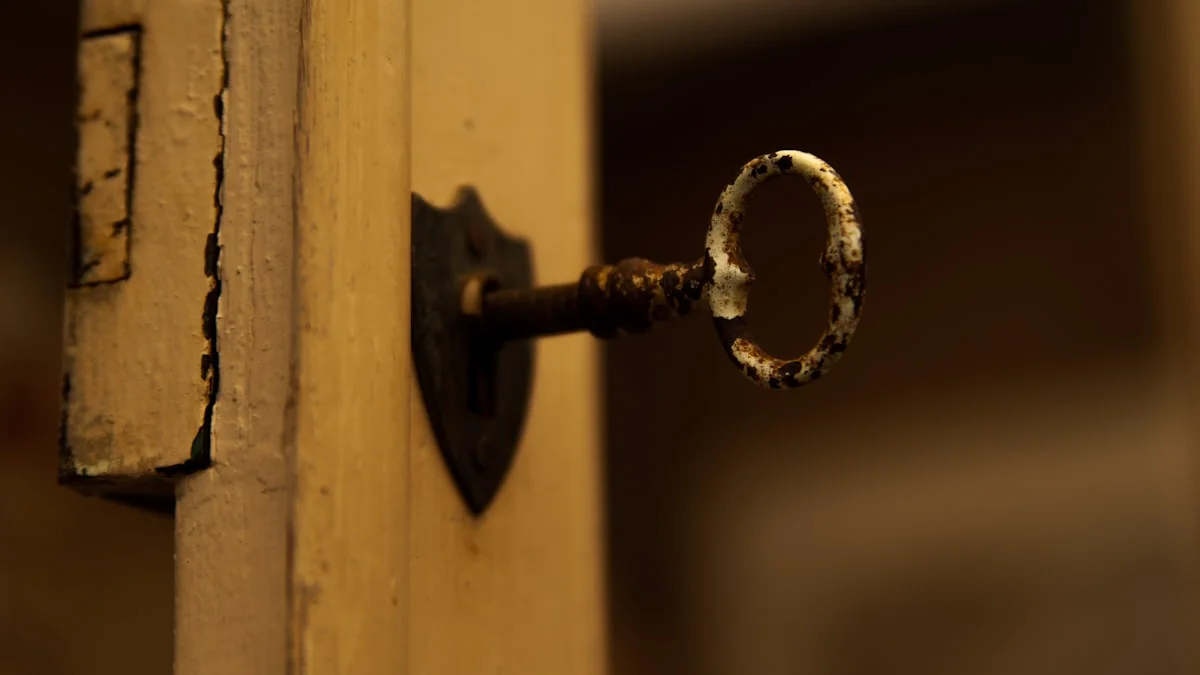 An old weathered key rests in the lock of a pale wooden door in amber light. — a The Obsidian Key guide to The Moving Money: Why It Needs Its Own Address.