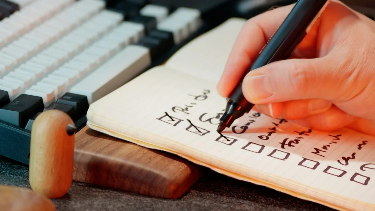 A hand ticks checkboxes in an open notebook beside a keyboard. — a The Obsidian Key guide to The Nightly Log: One Honest Line Before Lights Out.