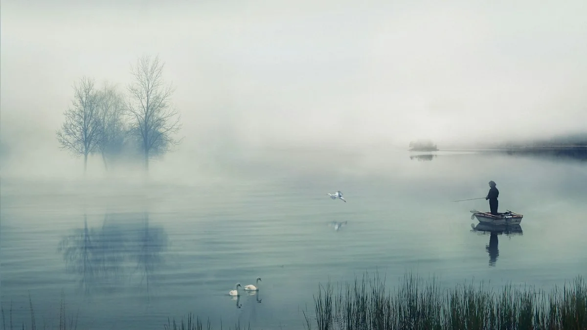 A lone fisherman stands in a small boat on a misty lake with swans and bare trees. — a The Obsidian Key guide to Week Three of the Path: The Wealth Operation Begins.