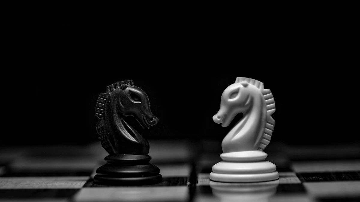 A black and a white chess knight facing each other on a dark board. — a The Obsidian Key guide to The Three Missing Mechanics in Popular Methods.