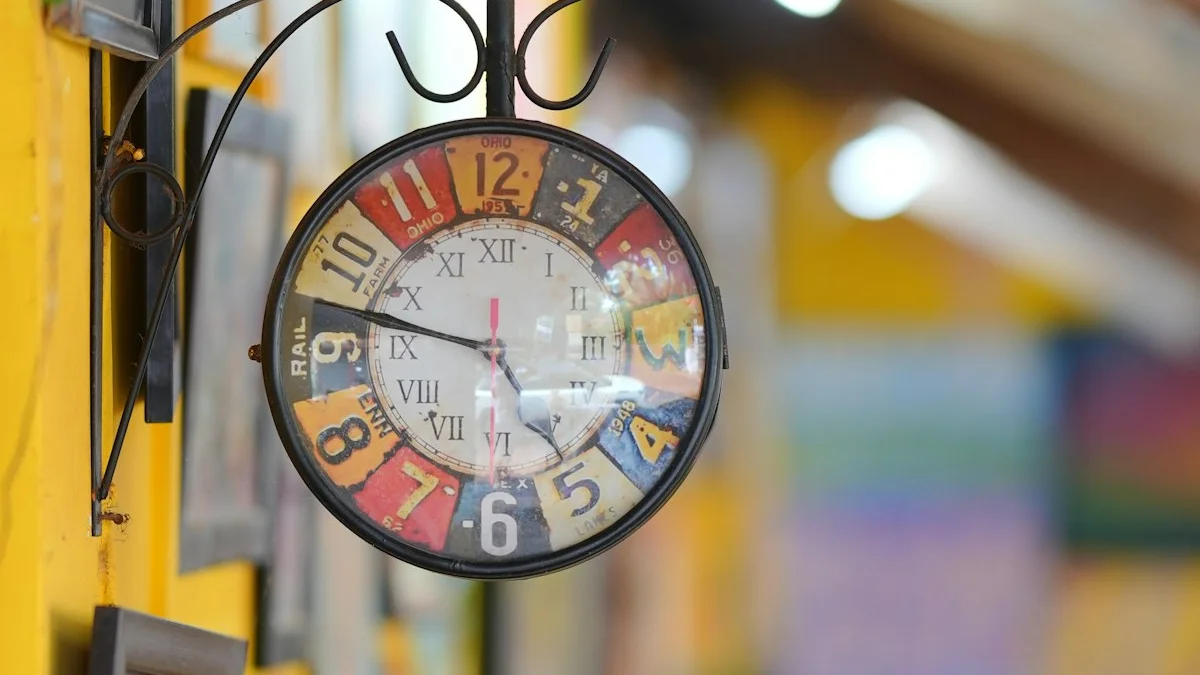 A vintage double-faced clock hangs from a bracket on a bright yellow wall. — a The Obsidian Key guide to Time-Boxing the People You Cannot Cut.