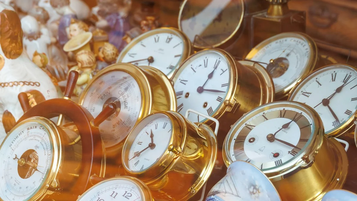 Brass ship clocks and a barometer cluster behind a warm shop window. — a The Obsidian Key guide to Running the Wealth Operation: Companion Notes.