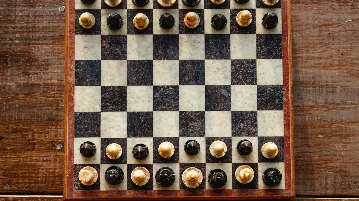 An ornate wooden chess board with both sides arrayed on a warm table, the pieces set and the game not yet begun. — a The Obsidian Key guide to What the Wealth Operation Promises: A Readers Review.