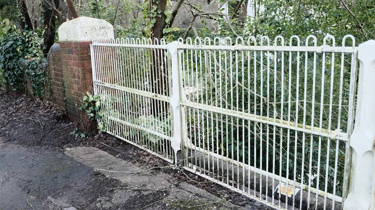 A white metal fence runs along a brick pillar beside an overgrown garden path. — a The Obsidian Key guide to Where to Start With Boundary Work: the First Seven Days.