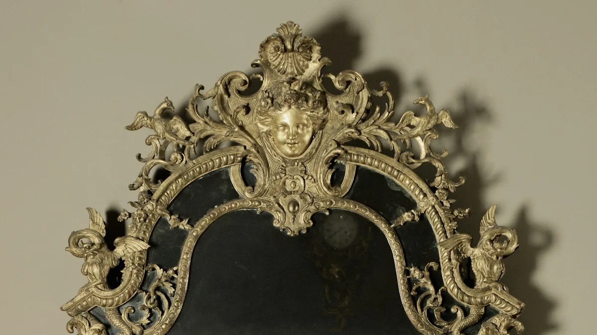 The carved crest of an ornate gilded antique mirror with blackened, barely reflective glass. — a The Obsidian Key guide to Why Vision Boards Fail: The Quiet Autopsy.